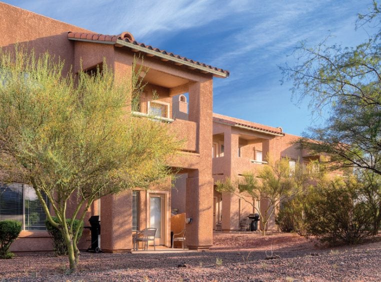 The exterior of Rancho Vistoso, a timeshare resort in Oro Valley, Arizona with spacious suites perfect for a desert vacation.
