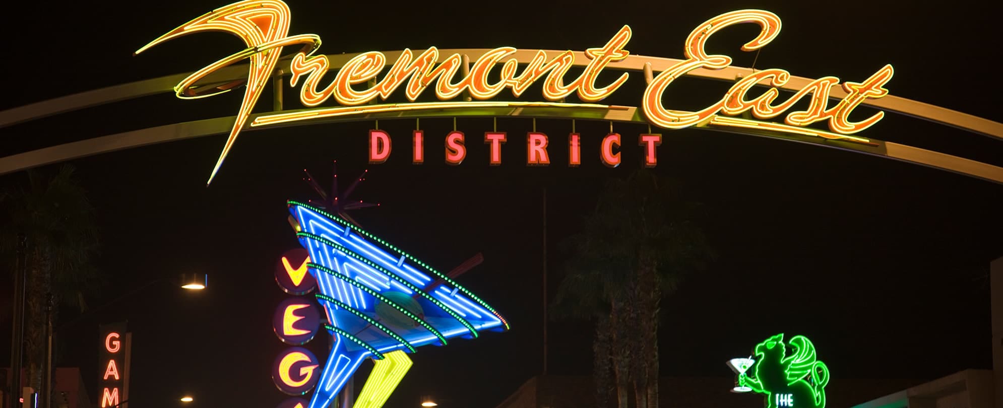 A lit up sign that reads "Fremont East District," in Las Vegas, Nevada.